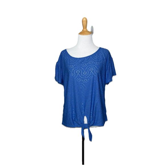 W5 Blue eyelet Lace Overlay Scoop Neck Blouse Women's Small  New With Tags - Picture 7 of 7